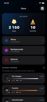 WatchNGo rewards screen with a pop balance and profile decorations